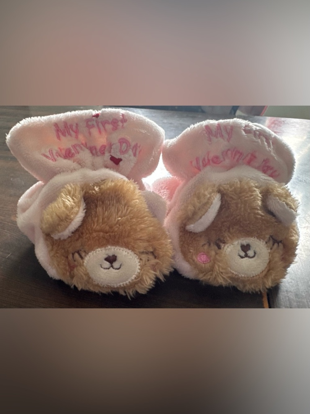Plush Baby Bear Booties - Pink "My First Valentine"